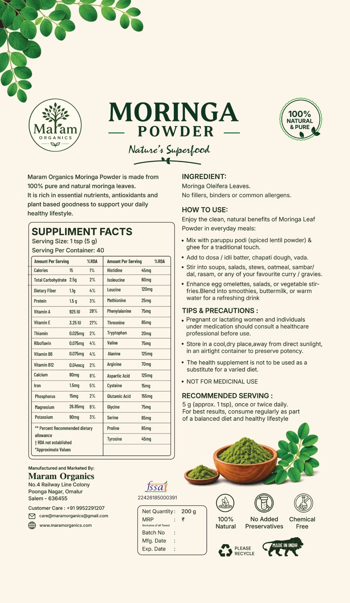 Moringa Powder label back